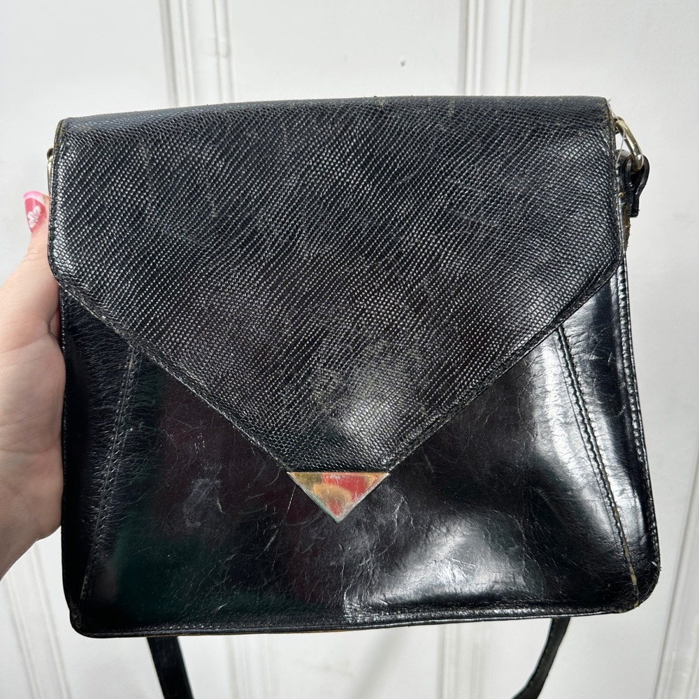 Vintage Woodward Black Leather Crossbody Bag 80s Envelope Made in Italy